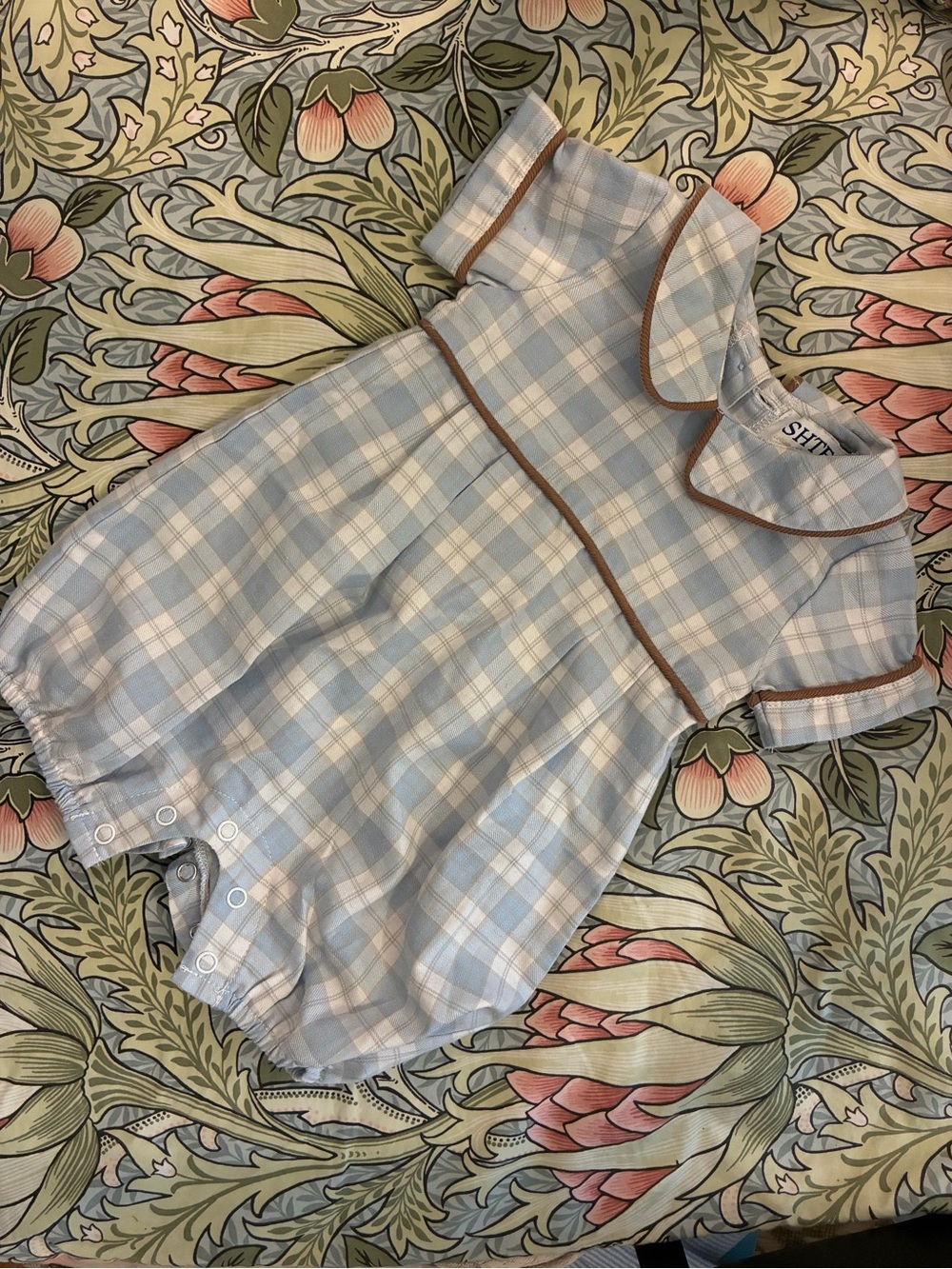 Light Blue Plaid Baby Pleated One-Piece with Brown Trim